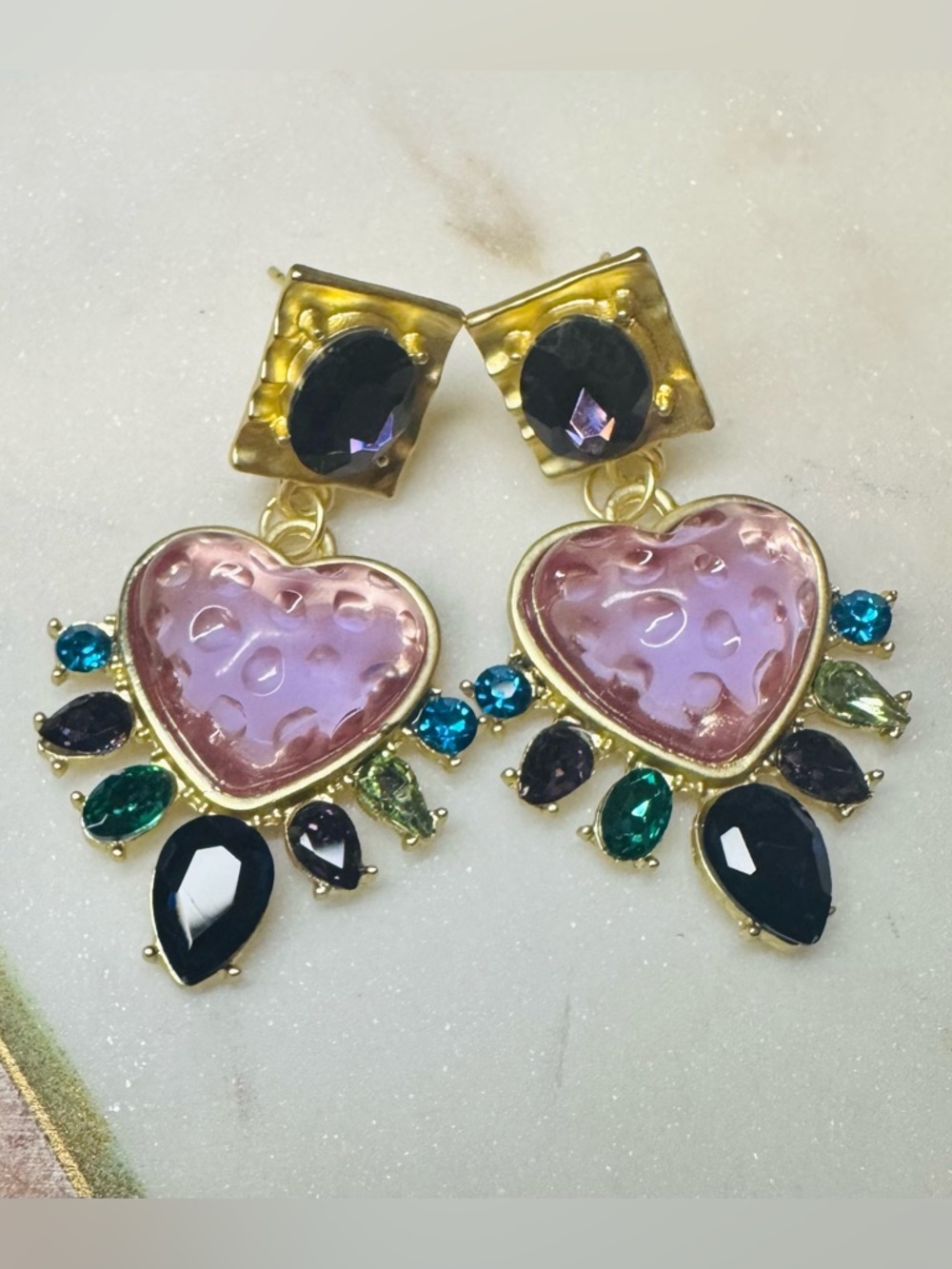 CHNNEL Inspired Pink Heart Statement Drop Earrings Gold Tone Rhinestone - Picture 3 of 6